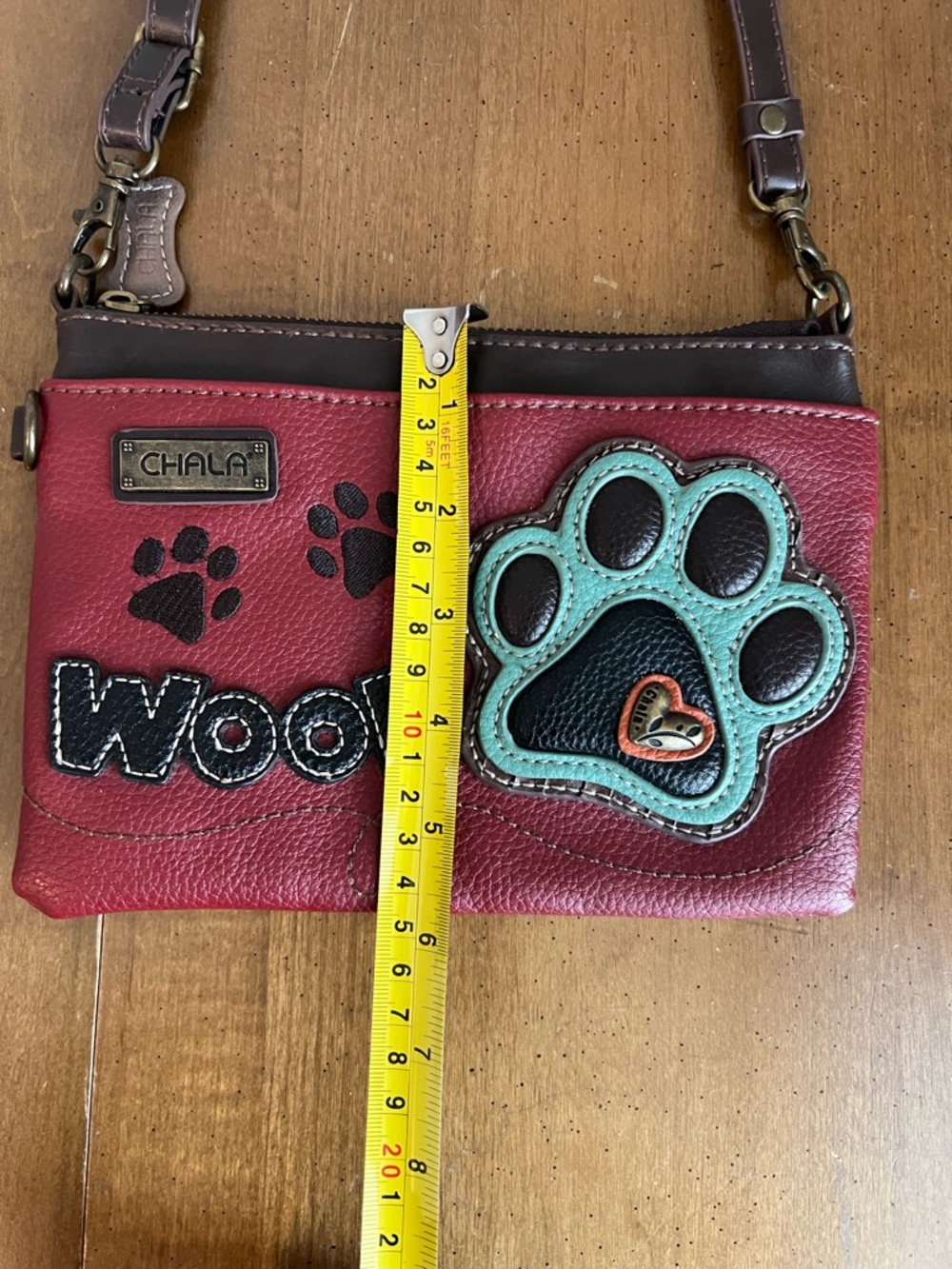 Chala Woof Dog Paw Print Crossbody Bag Burgundy Brown Vegan Leather Small - Picture 5 of 6